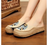 Beige Embroideried Linen Fabric Slippers Shoes Splicing